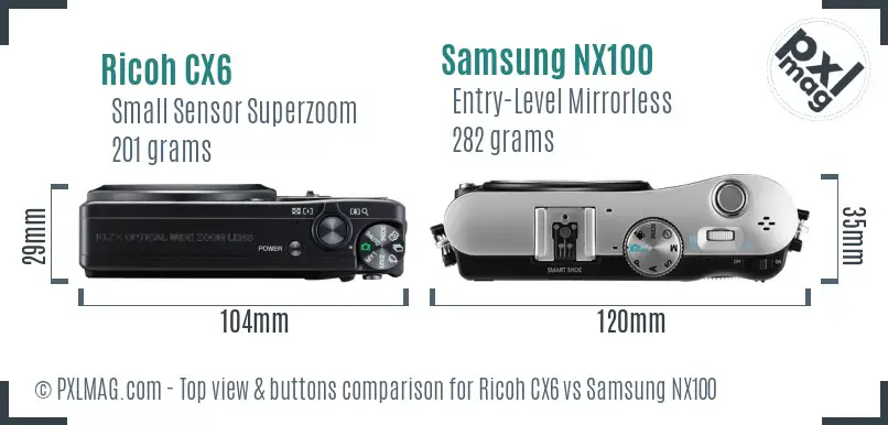 Ricoh CX6 vs Samsung NX100 top view buttons comparison