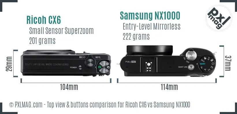 Ricoh CX6 vs Samsung NX1000 top view buttons comparison