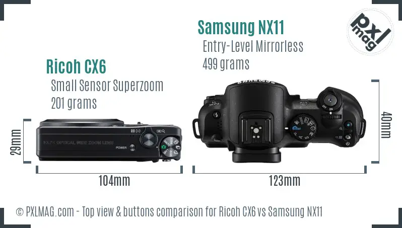 Ricoh CX6 vs Samsung NX11 top view buttons comparison