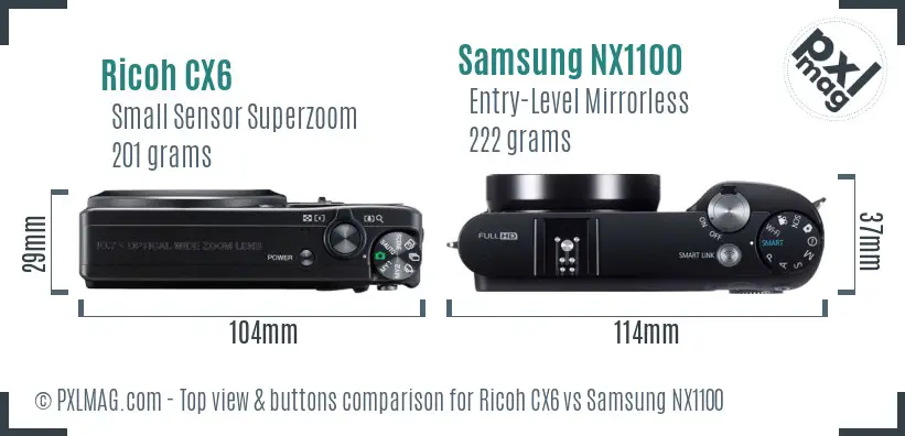 Ricoh CX6 vs Samsung NX1100 top view buttons comparison
