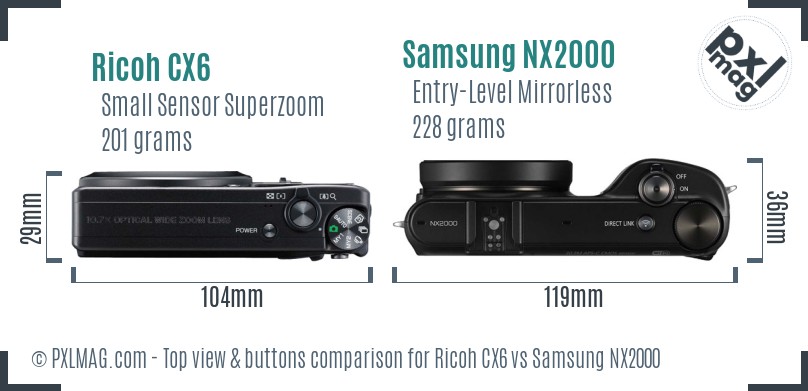 Ricoh CX6 vs Samsung NX2000 top view buttons comparison