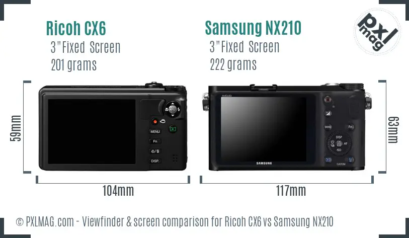 Ricoh CX6 vs Samsung NX210 Screen and Viewfinder comparison