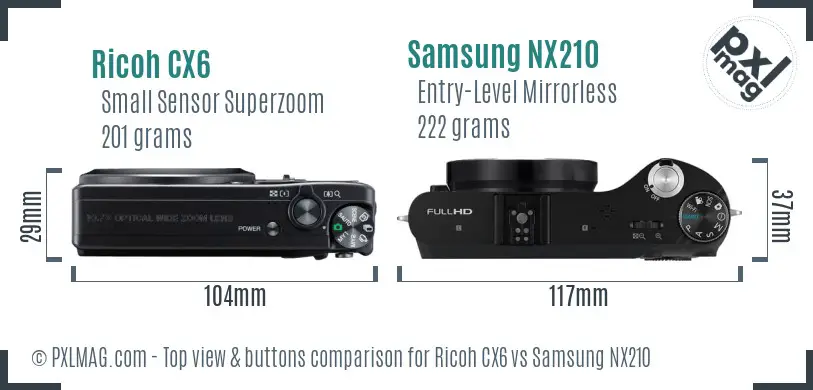Ricoh CX6 vs Samsung NX210 top view buttons comparison
