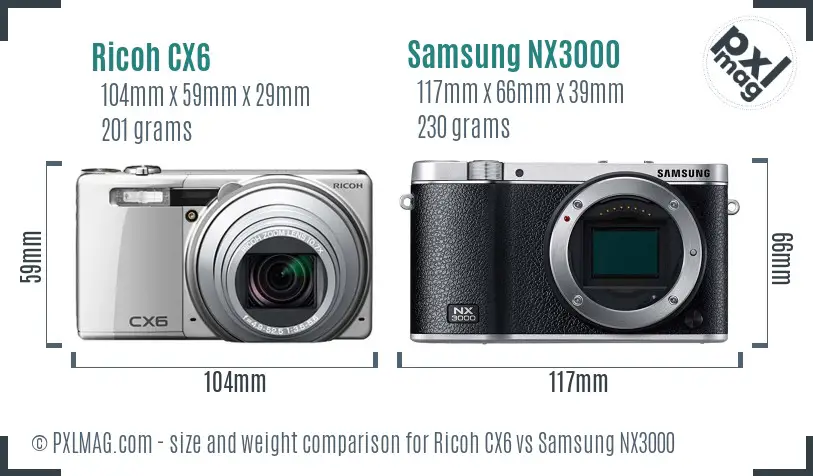 Ricoh CX6 vs Samsung NX3000 size comparison