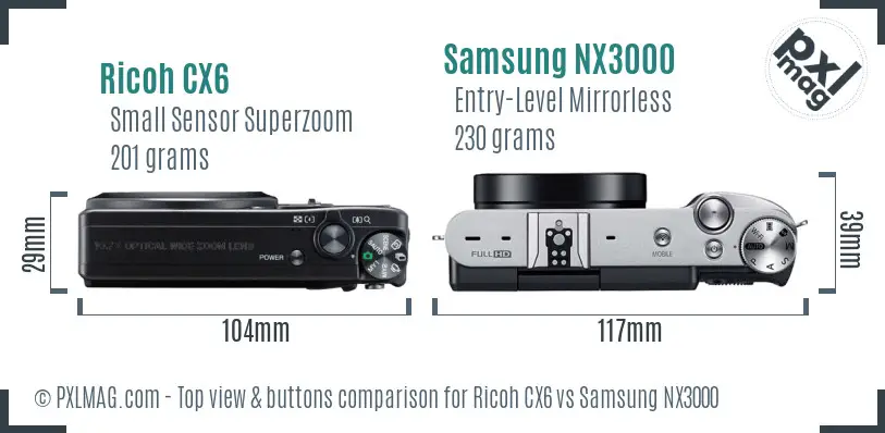 Ricoh CX6 vs Samsung NX3000 top view buttons comparison
