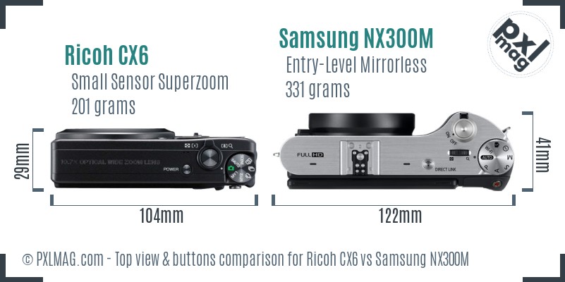 Ricoh CX6 vs Samsung NX300M top view buttons comparison