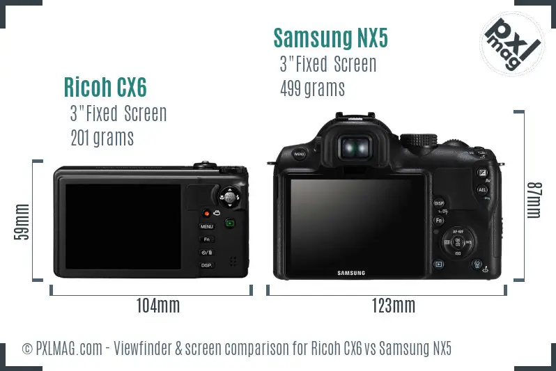 Ricoh CX6 vs Samsung NX5 Screen and Viewfinder comparison