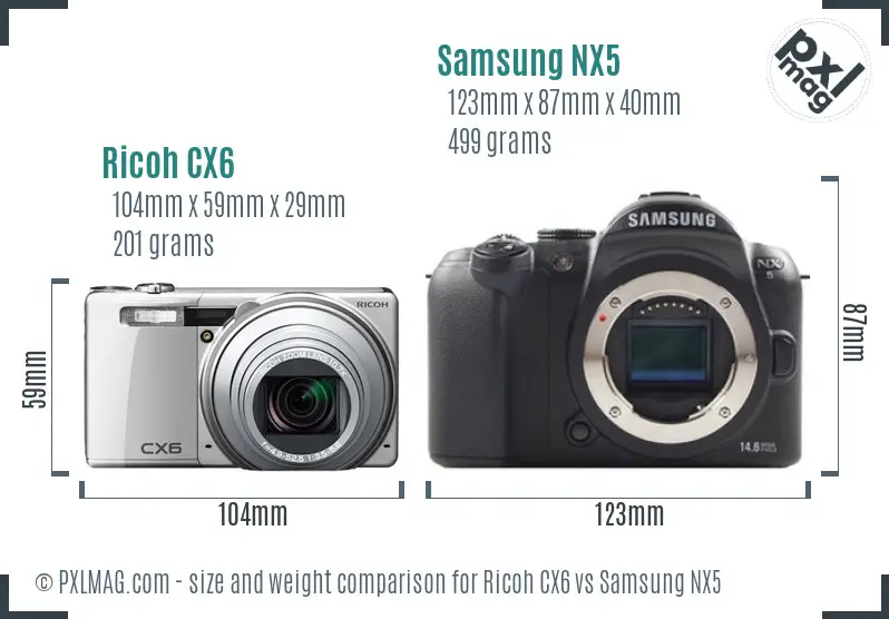 Ricoh CX6 vs Samsung NX5 size comparison