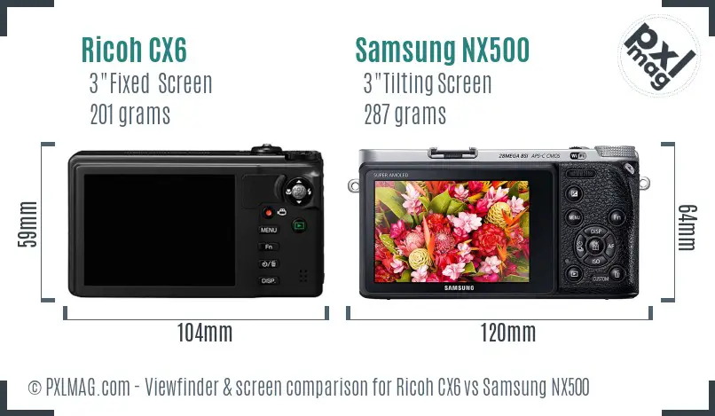 Ricoh CX6 vs Samsung NX500 Screen and Viewfinder comparison