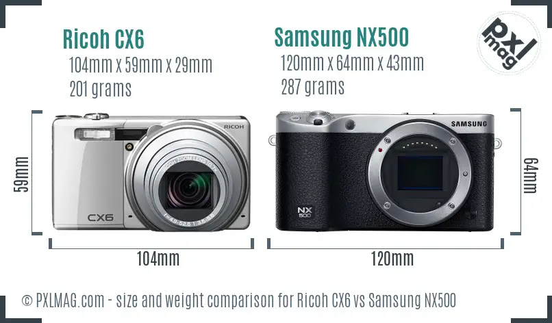 Ricoh CX6 vs Samsung NX500 size comparison