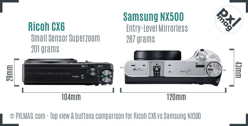 Ricoh CX6 vs Samsung NX500 top view buttons comparison
