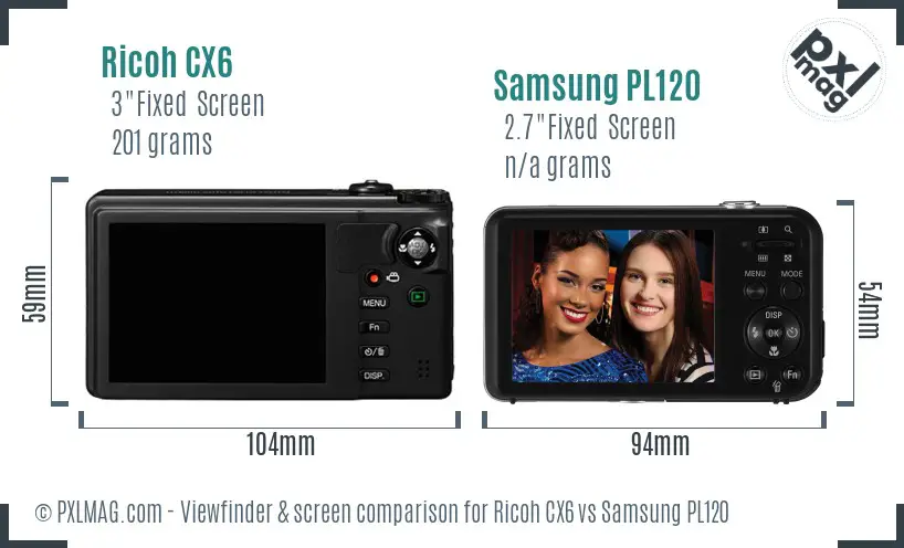 Ricoh CX6 vs Samsung PL120 Screen and Viewfinder comparison