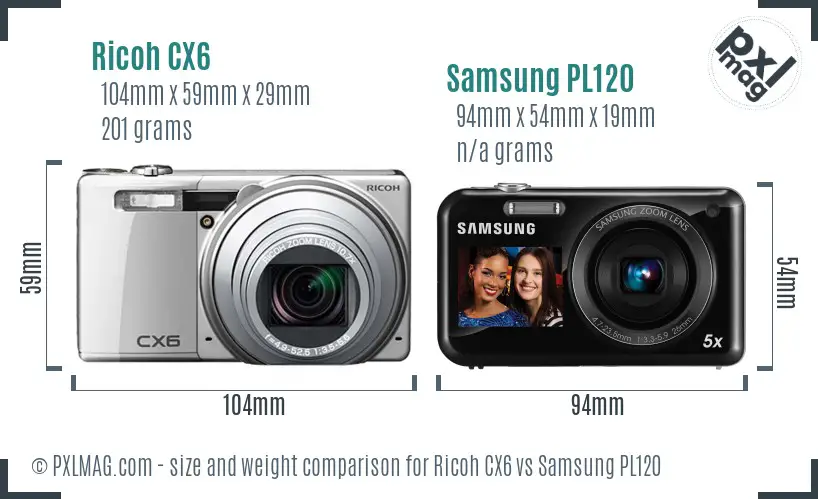 Ricoh CX6 vs Samsung PL120 size comparison