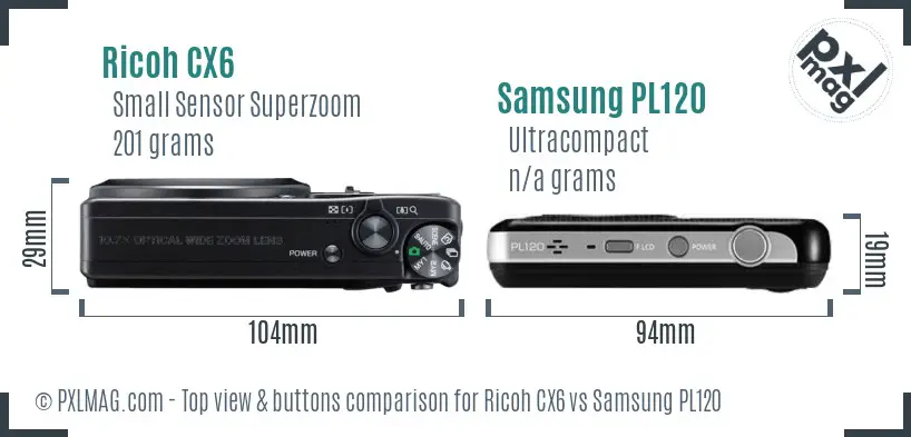 Ricoh CX6 vs Samsung PL120 top view buttons comparison