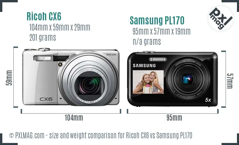 Ricoh CX6 vs Samsung PL170 size comparison