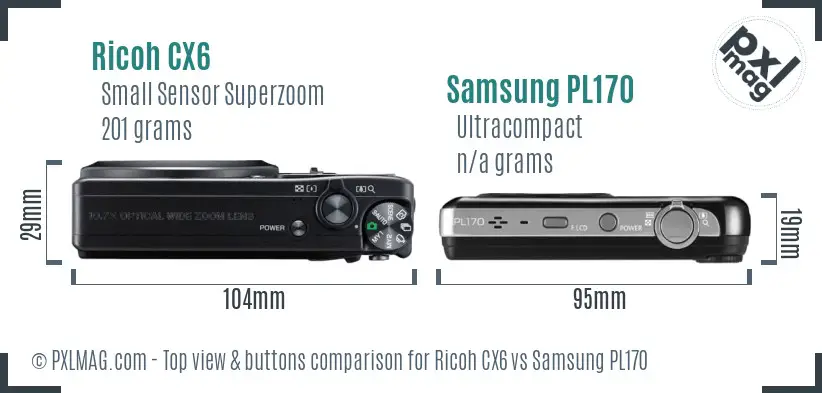 Ricoh CX6 vs Samsung PL170 top view buttons comparison