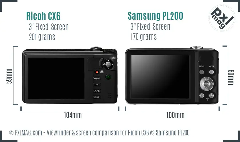 Ricoh CX6 vs Samsung PL200 Screen and Viewfinder comparison