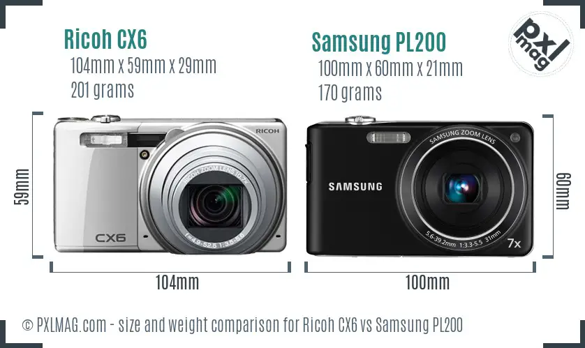 Ricoh CX6 vs Samsung PL200 size comparison