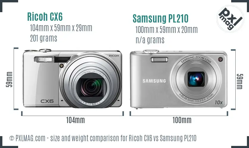 Ricoh CX6 vs Samsung PL210 size comparison