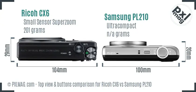 Ricoh CX6 vs Samsung PL210 top view buttons comparison