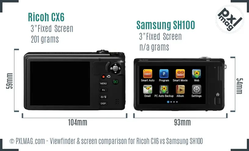 Ricoh CX6 vs Samsung SH100 Screen and Viewfinder comparison