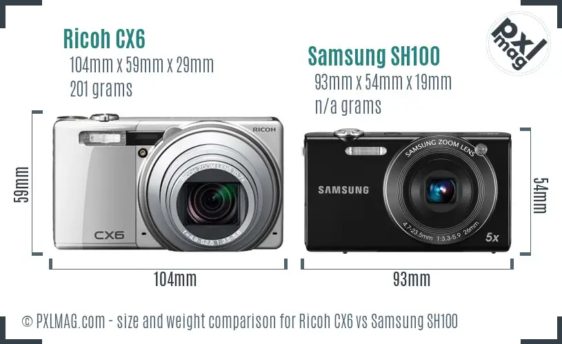 Ricoh CX6 vs Samsung SH100 size comparison