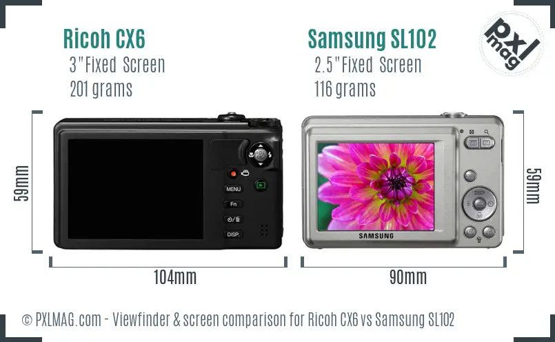 Ricoh CX6 vs Samsung SL102 Screen and Viewfinder comparison
