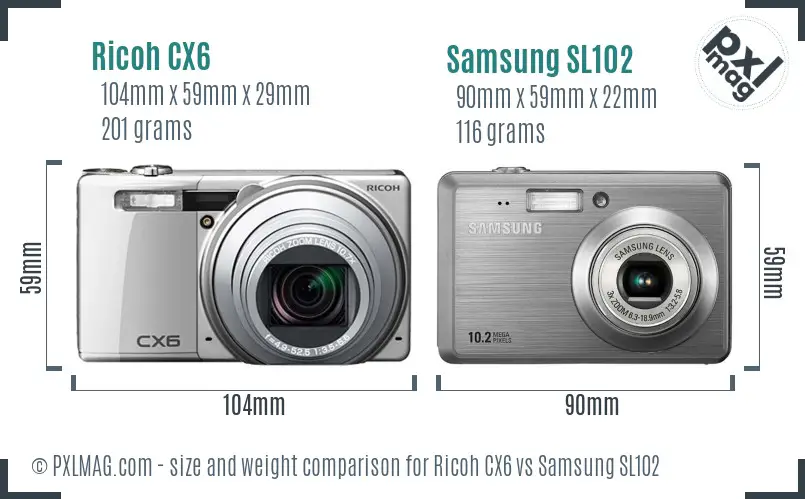 Ricoh CX6 vs Samsung SL102 size comparison