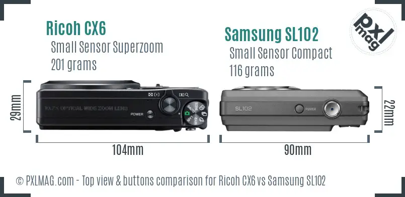 Ricoh CX6 vs Samsung SL102 top view buttons comparison