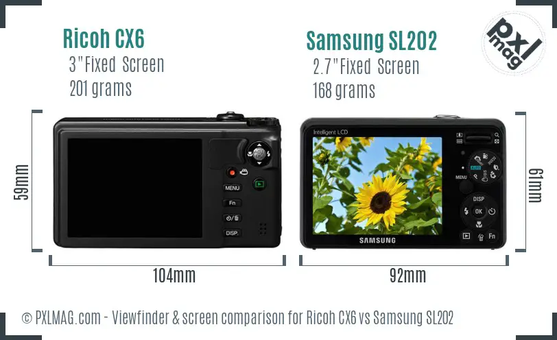 Ricoh CX6 vs Samsung SL202 Screen and Viewfinder comparison