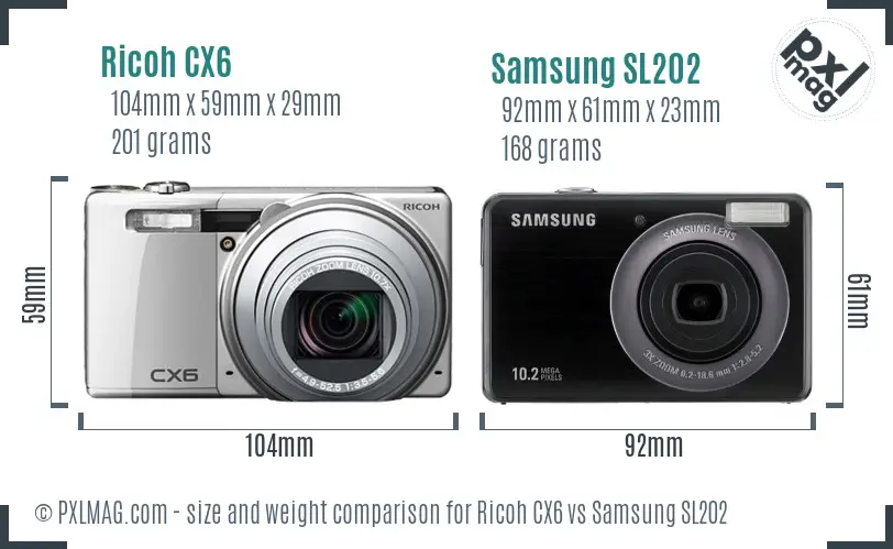 Ricoh CX6 vs Samsung SL202 size comparison