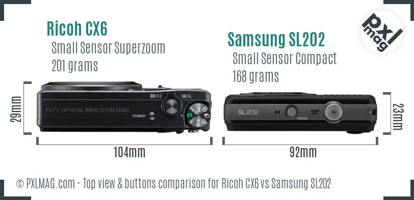 Ricoh CX6 vs Samsung SL202 top view buttons comparison