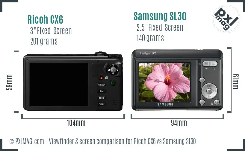 Ricoh CX6 vs Samsung SL30 Screen and Viewfinder comparison