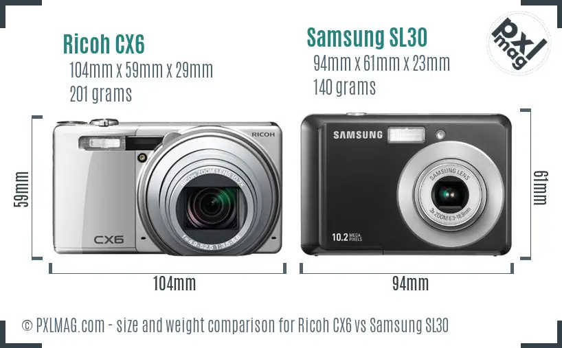 Ricoh CX6 vs Samsung SL30 size comparison
