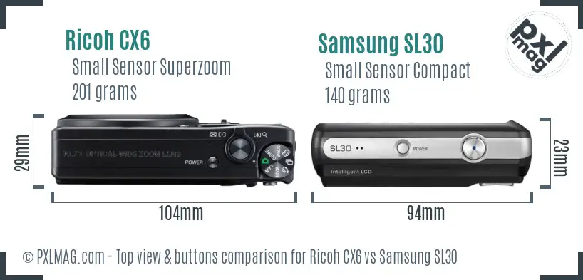 Ricoh CX6 vs Samsung SL30 top view buttons comparison