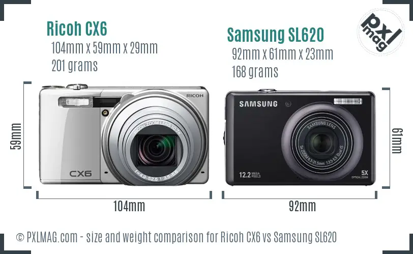 Ricoh CX6 vs Samsung SL620 size comparison