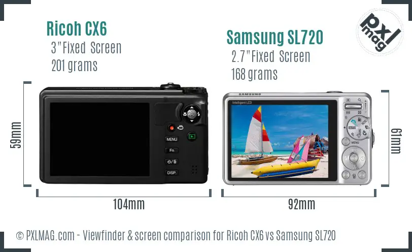 Ricoh CX6 vs Samsung SL720 Screen and Viewfinder comparison