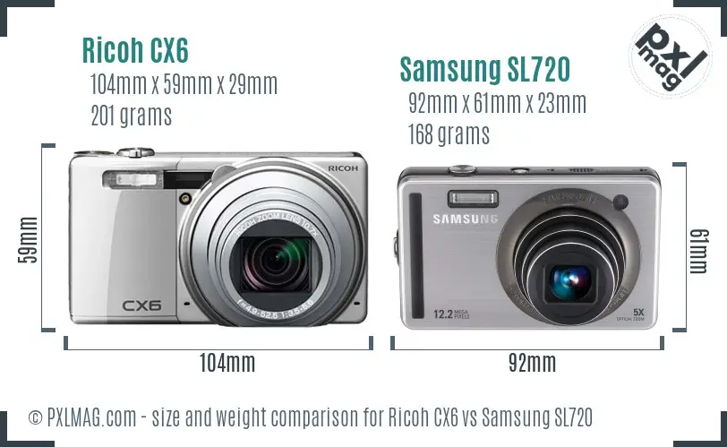 Ricoh CX6 vs Samsung SL720 size comparison