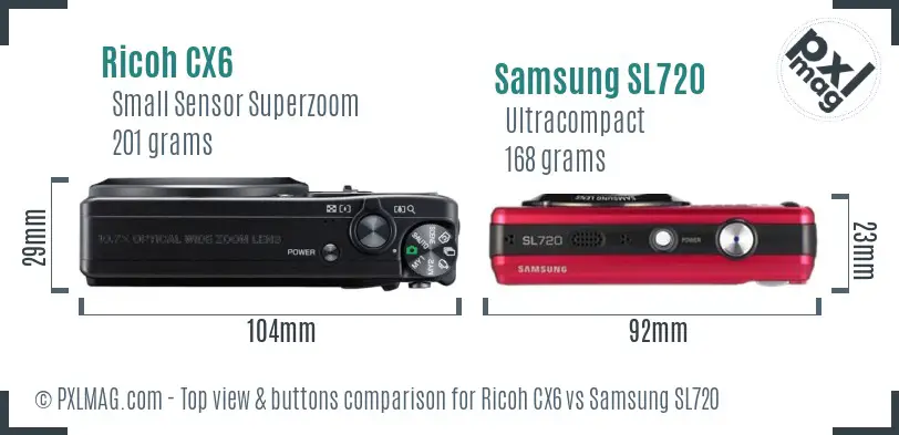 Ricoh CX6 vs Samsung SL720 top view buttons comparison