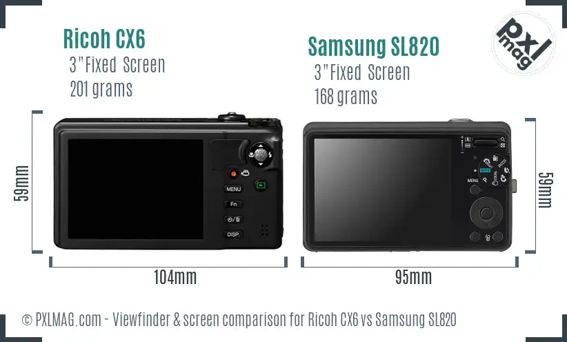 Ricoh CX6 vs Samsung SL820 Screen and Viewfinder comparison