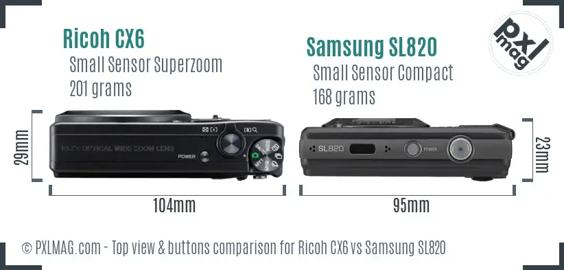 Ricoh CX6 vs Samsung SL820 top view buttons comparison