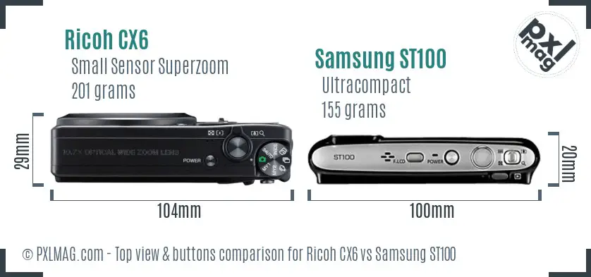 Ricoh CX6 vs Samsung ST100 top view buttons comparison