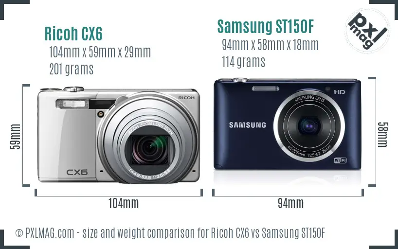 Ricoh CX6 vs Samsung ST150F size comparison