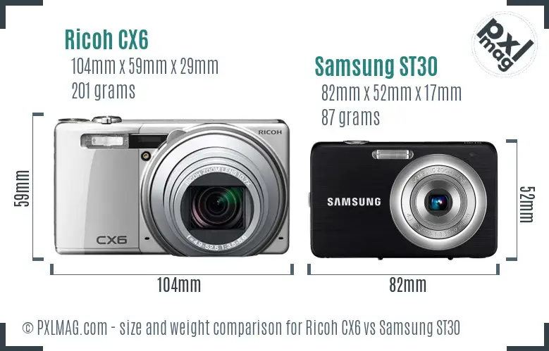 Ricoh CX6 vs Samsung ST30 size comparison