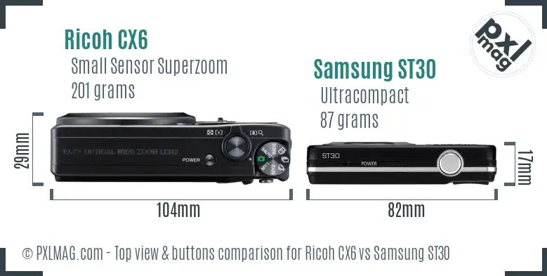 Ricoh CX6 vs Samsung ST30 top view buttons comparison