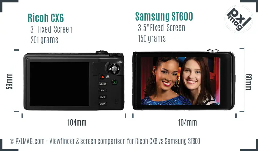 Ricoh CX6 vs Samsung ST600 Screen and Viewfinder comparison