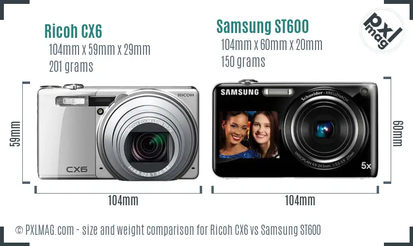 Ricoh CX6 vs Samsung ST600 size comparison