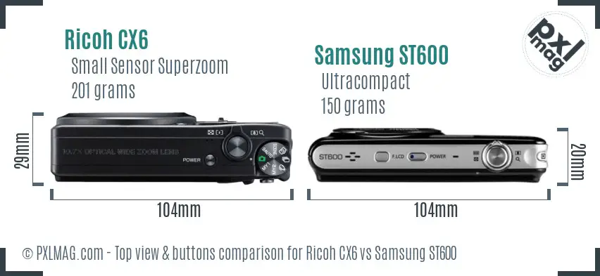 Ricoh CX6 vs Samsung ST600 top view buttons comparison