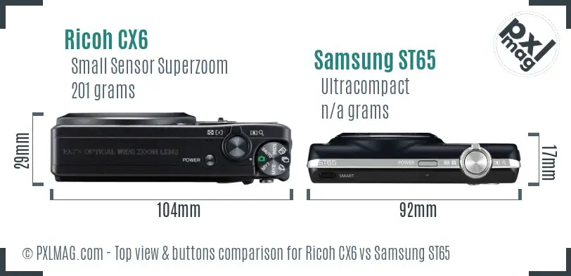 Ricoh CX6 vs Samsung ST65 top view buttons comparison Ricoh CX6 vs Samsung ST65 top view buttons comparison