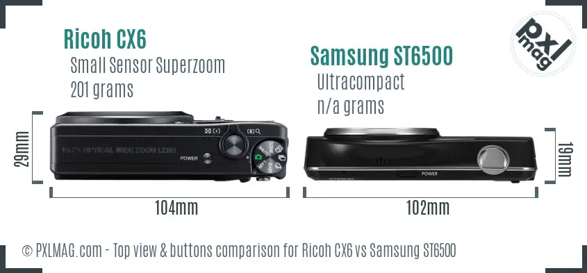 Ricoh CX6 vs Samsung ST6500 top view buttons comparison